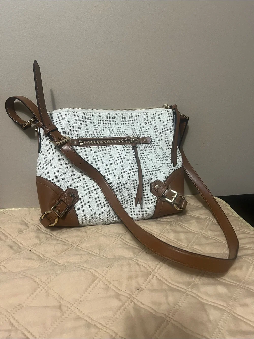 Michael Kors White and Brown MK Logo Crossbody with Leather Trim